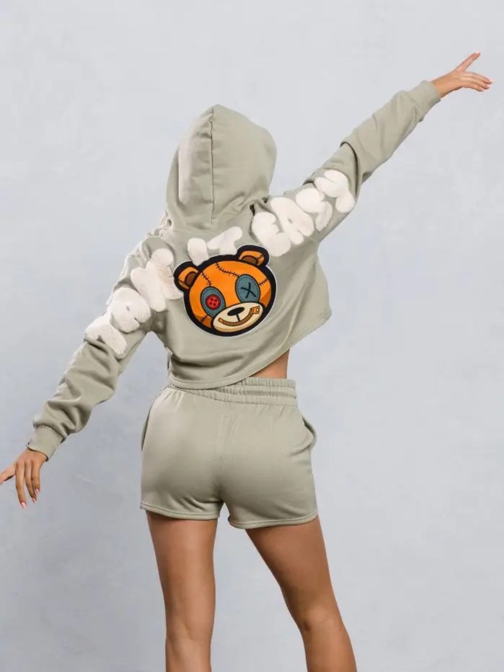 Urban Trio Cropped Olive Green Teddy Bear Graphic Hoodie / Shorts Set size M